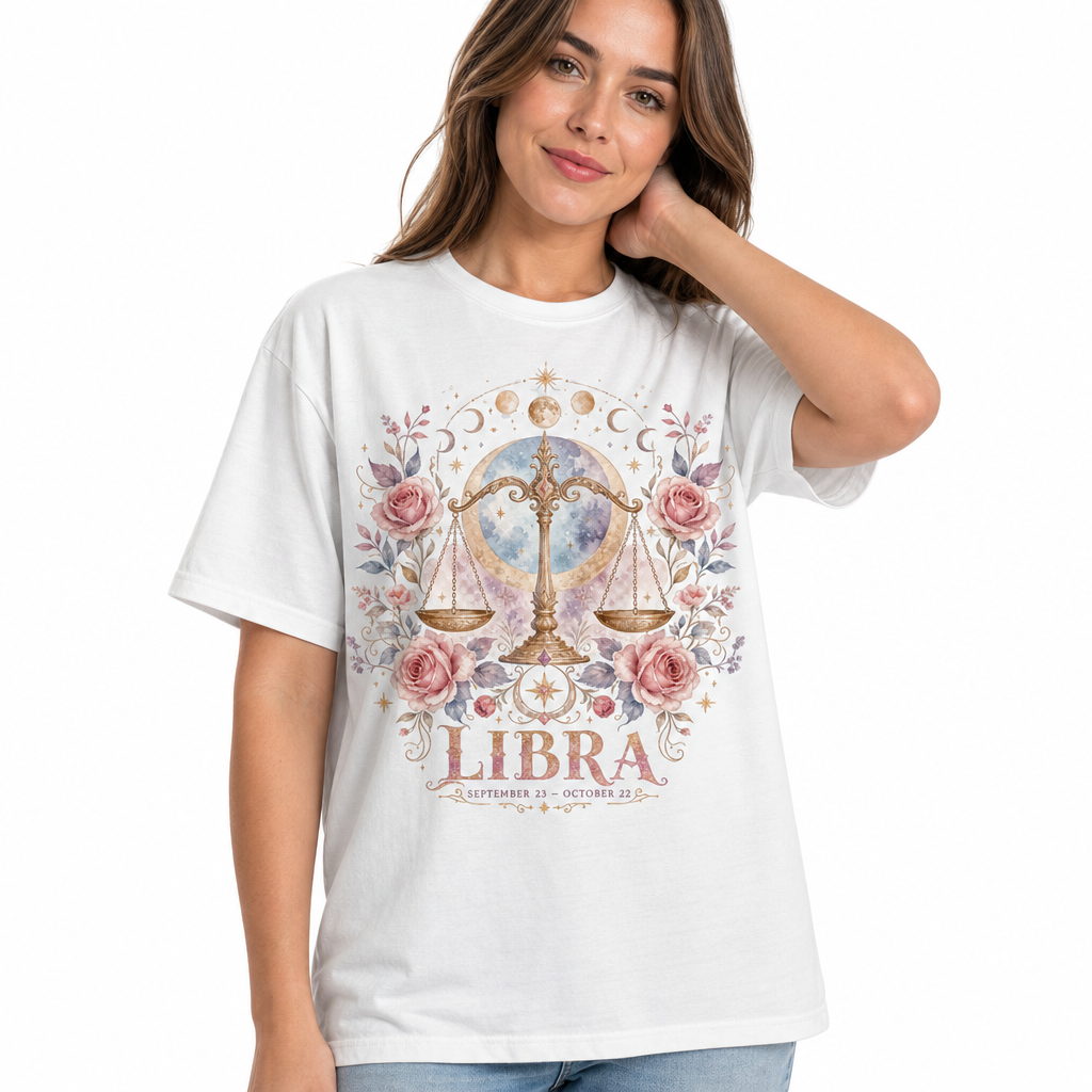 Woman wearing a white Comfort Colors 1717 t-shirt featuring a whimsical watercolor Libra zodiac design with golden scales, lush pink roses, celestial moon phases, and pastel leaves, dreamy feminine astrology gift for women, by Crossroads Dandelion