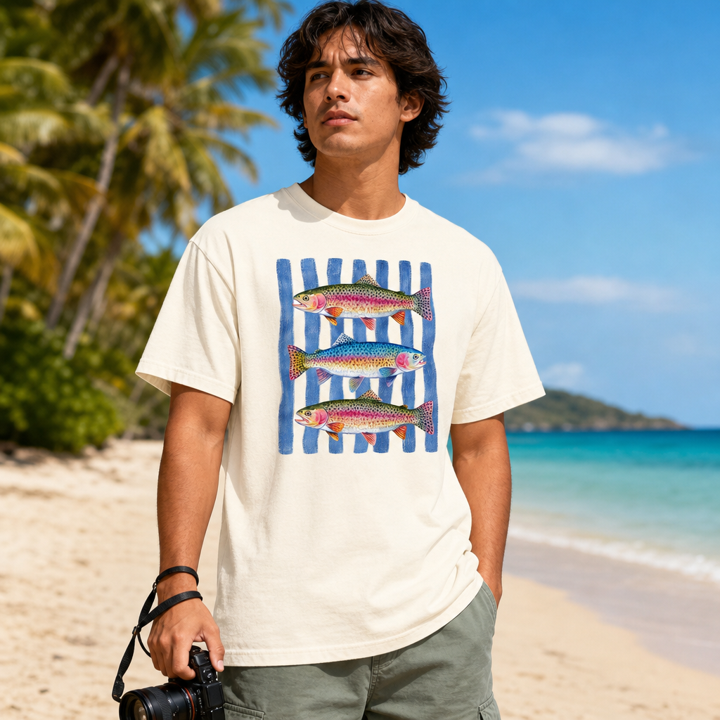 Man on tropical beach wearing ivory Comfort Colors 1717 t-shirt featuring vibrant watercolor rainbow trout swimming over blue denim straps with white stitching, aquatic fishing design, outdoorsy casual menswear, for nature and fishing enthusiasts, by Crossroads Dandelion