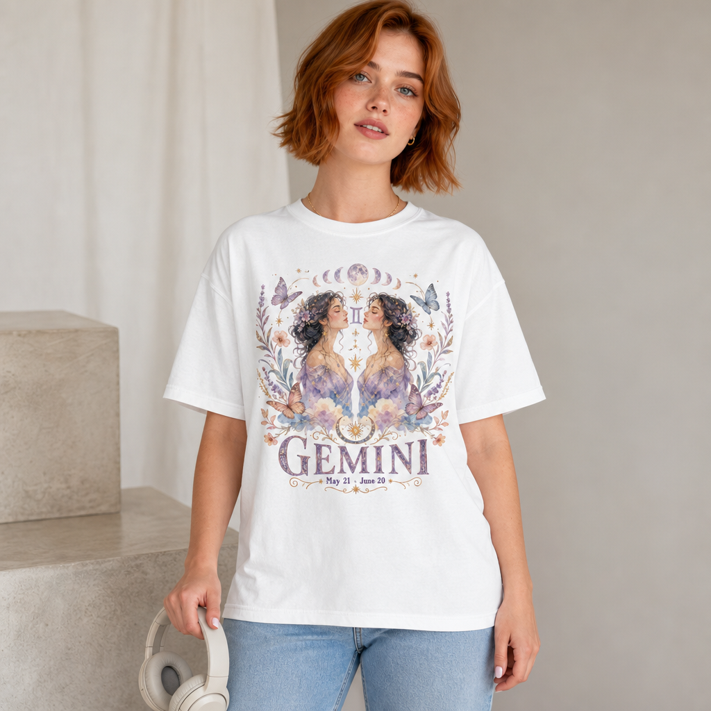 Woman wearing a white Comfort Colors 1717 t-shirt featuring a whimsical watercolor Gemini zodiac design with mirrored ethereal women, delicate floral crowns, golden celestial elements, pastel lavender flowers, butterflies, and moon phases, perfect for astrology lovers and bohemian women, by Crossroads Dandelion