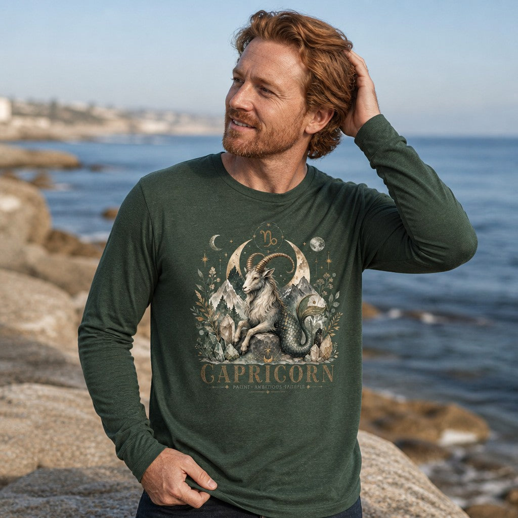 Man wearing heather forest Bella Canvas 3501 long sleeve shirt with enchanting cottagecore watercolor Capricorn sea-goat design, surrounded by crystals, moon phases, and vintage zodiac symbols, standing by the coast, perfect for astrology and garden lovers, by Crossroads Dandelion