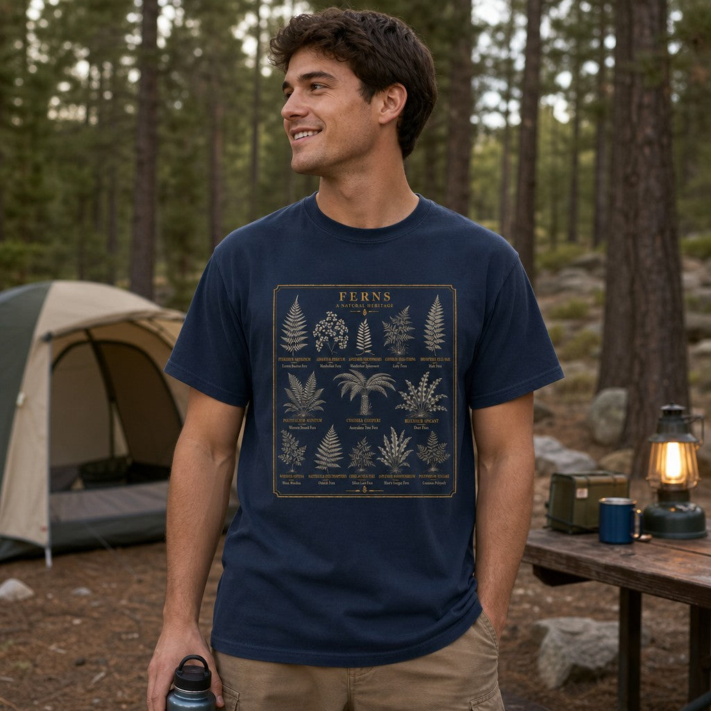 Man wearing a navy Comfort Colors 1717 t-shirt with a vintage botanical fern illustration in gold ink, cottagecore style, camping in a pine forest setting, perfect for gardeners, nature lovers, and artists, by Crossroads Dandelion