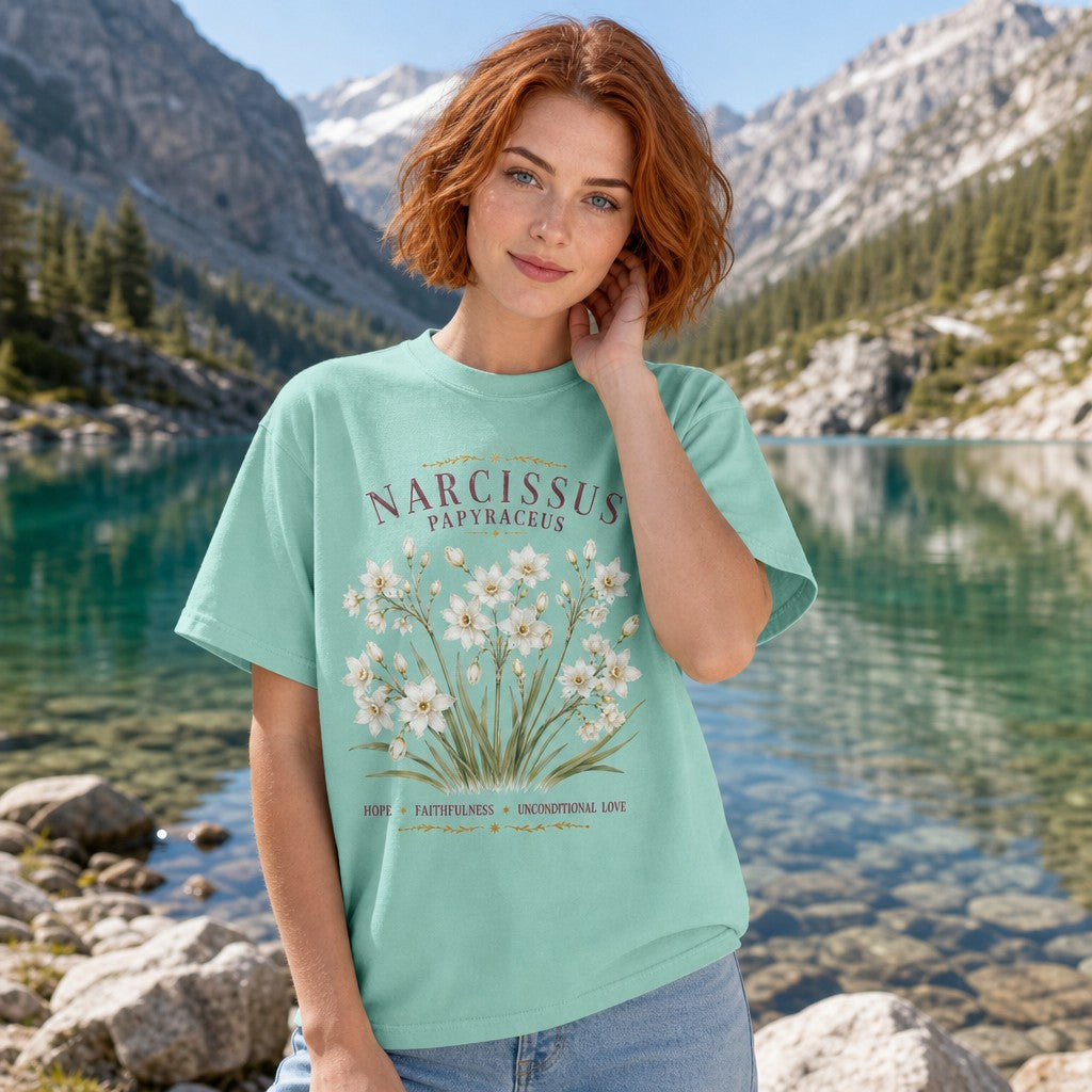 Woman wearing an Island Reef Comfort Colors 1717 tee featuring a cottagecore watercolor Narcissus papyraceus floral design with vintage gold lettering, standing by a serene mountain lake, ideal for creative women and nature lovers, by Crossroads Dandelion