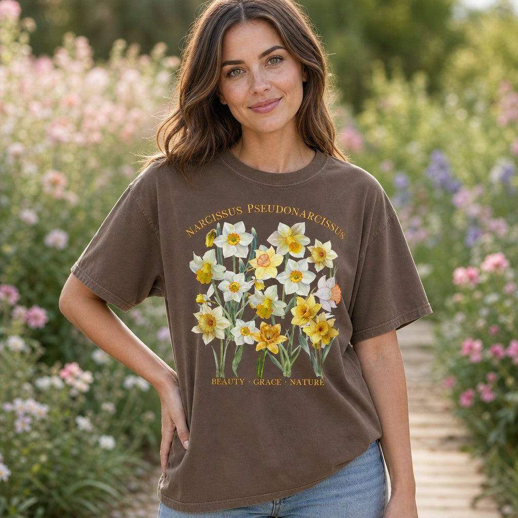 Woman in espresso Comfort Colors 1717 t-shirt featuring a delicate watercolor narcissus pseudonarcissus daffodil botanical illustration with gold vintage text, styled in a lush garden setting, perfect for cottagecore floral lovers, by Crossroads Dandelion