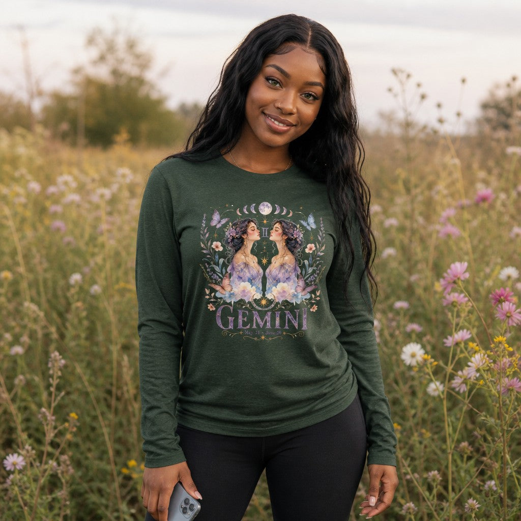 Long sleeve Bella Canvas 3501 Heather Forest, #394E38 mockup, by Crossroads Dandelion