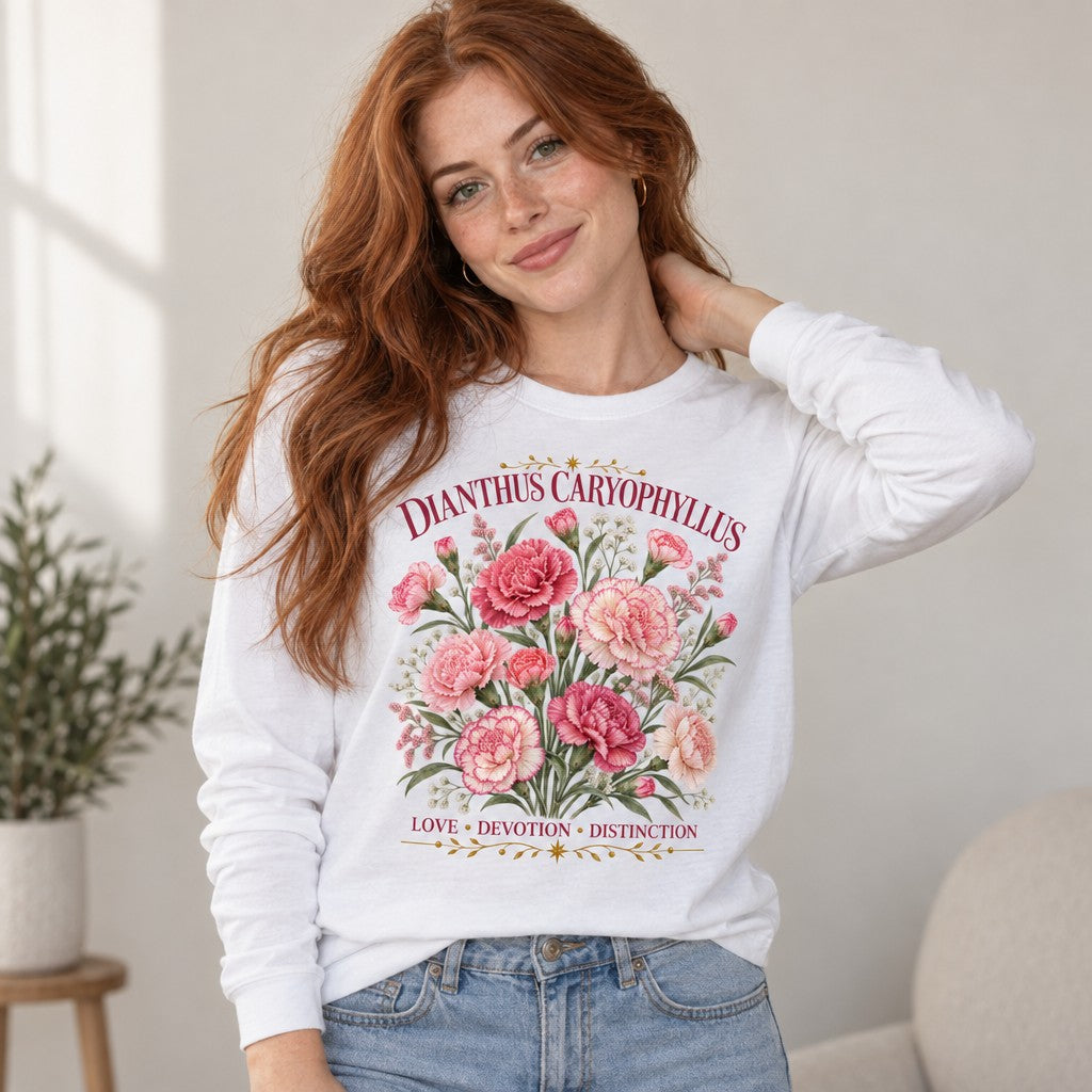 Woman in a white Bella Canvas 3501 long sleeve shirt featuring a vintage botanical illustration of pink and cream Dianthus Caryophyllus (carnations) with gold accents, romantic floral design for women, studio setting, classic and elegant botanical apparel, by Crossroads Dandelion