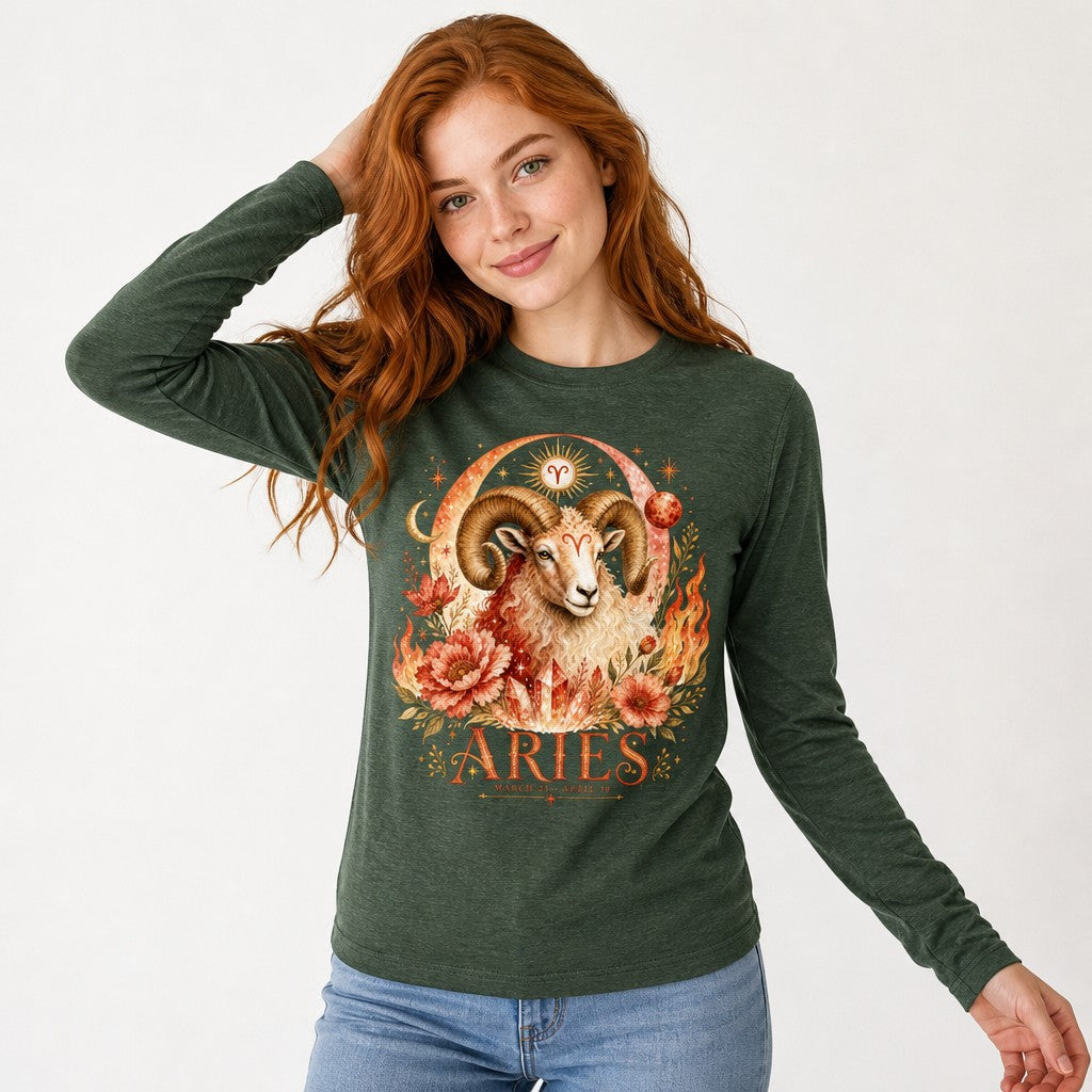 Woman wearing a heather forest green long sleeve Bella Canvas 3501 shirt featuring a watercolor Aries ram design surrounded by fiery florals, vintage celestial sun and moon details, poetic zodiac motifs, astrology lovers, by Crossroads Dandelion