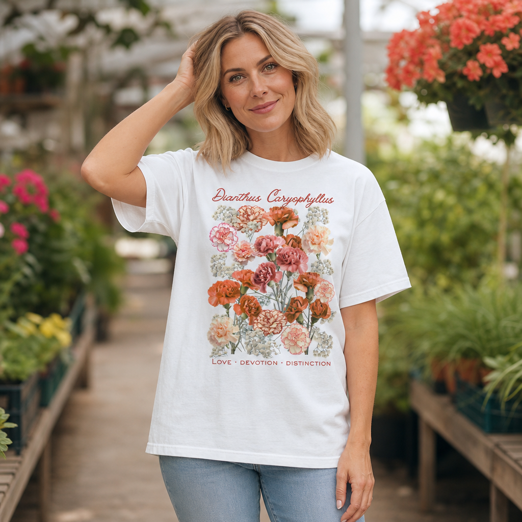 Woman wearing a white Comfort Colors 1717 t-shirt featuring a vintage botanical illustration of Dianthus Caryophyllus flowers in peach, coral, and cream with baby's breath accents, elegant hand-drawn cursive typography, romantic garden-inspired design, in a greenhouse, perfect for floral enthusiasts and women who love classic floral styles, by Crossroads Dandelion