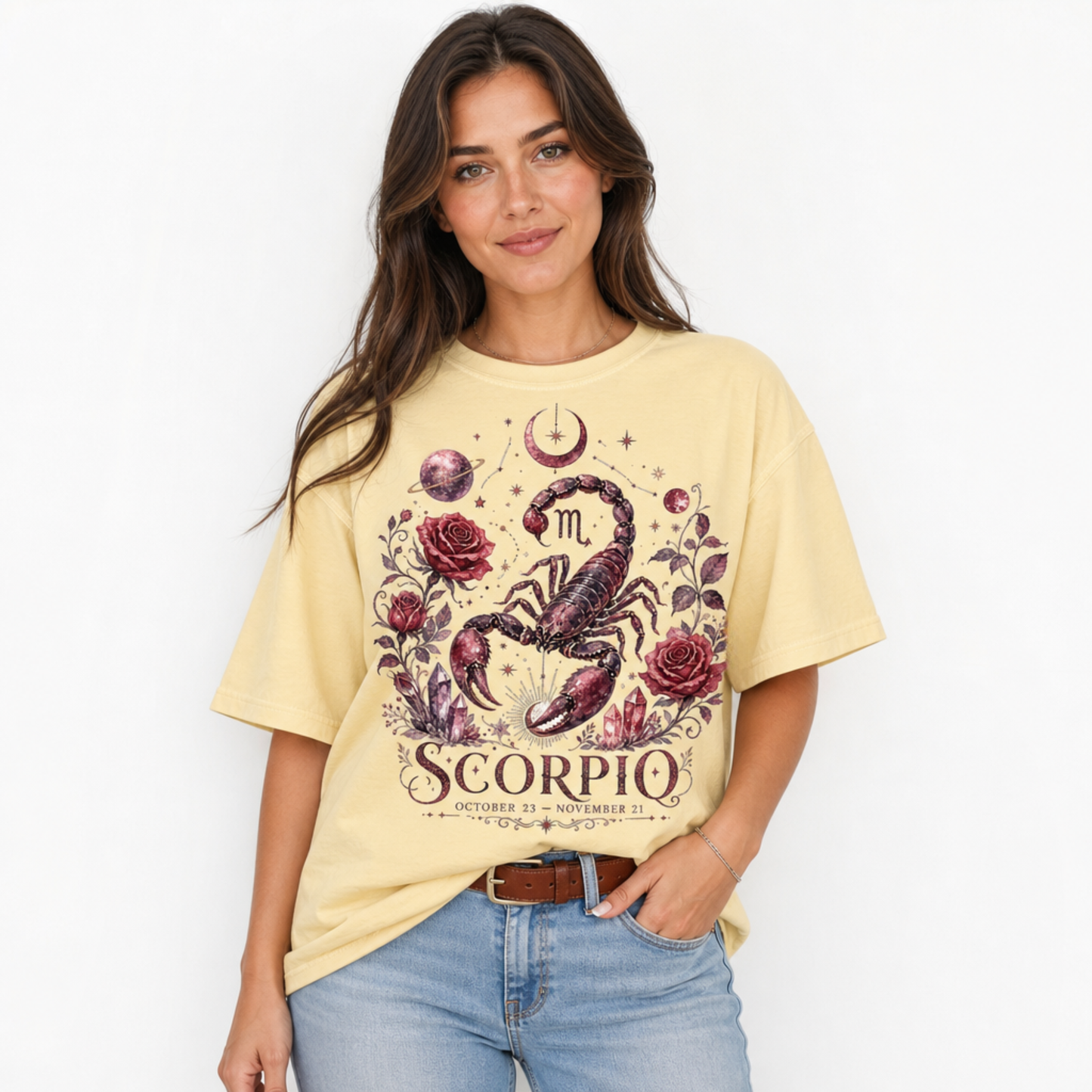 Woman wearing a butter yellow Comfort Colors 1717 t-shirt with a vintage-inspired mystical Scorpio zodiac design featuring a detailed maroon and plum scorpion, blooming roses, celestial moons, stars, and crystal accents; perfect for gothic and astrology enthusiasts, women's astrology graphic tee, by Crossroads Dandelion