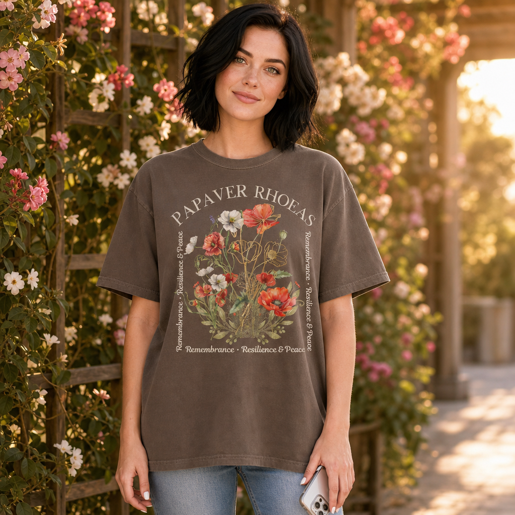 Woman wearing espresso Comfort Colors 1717 t-shirt with a vintage botanical poppy illustration, gold accents, and elegant memorial-themed curved text, standing in a sunlit flower garden, nature-inspired reflection apparel for women, by Crossroads Dandelion