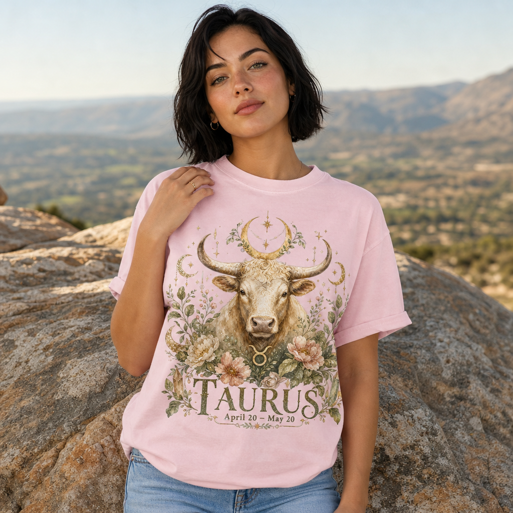 Woman wearing a blossom pink Comfort Colors 1717 t-shirt with a vintage Taurus zodiac design featuring a noble bull, gold crescent moons, crystals, and pastel floral elements, set outdoors in a mountain landscape, perfect for astrology and nature-loving women, by Crossroads Dandelion