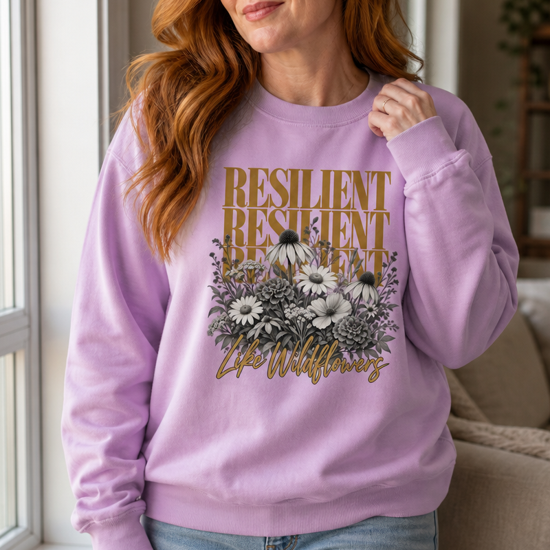 Woman wearing an orchid Comfort Colors 1566 sweatshirt featuring a vintage sepia-toned wildflower cluster beneath distressed gold 'RESILIENT' typography and cursive 'Like Wildflowers' text, inspiring apparel for nature lovers and botanical empowerment, vintage rustic style, living room setting, by Crossroads Dandelion