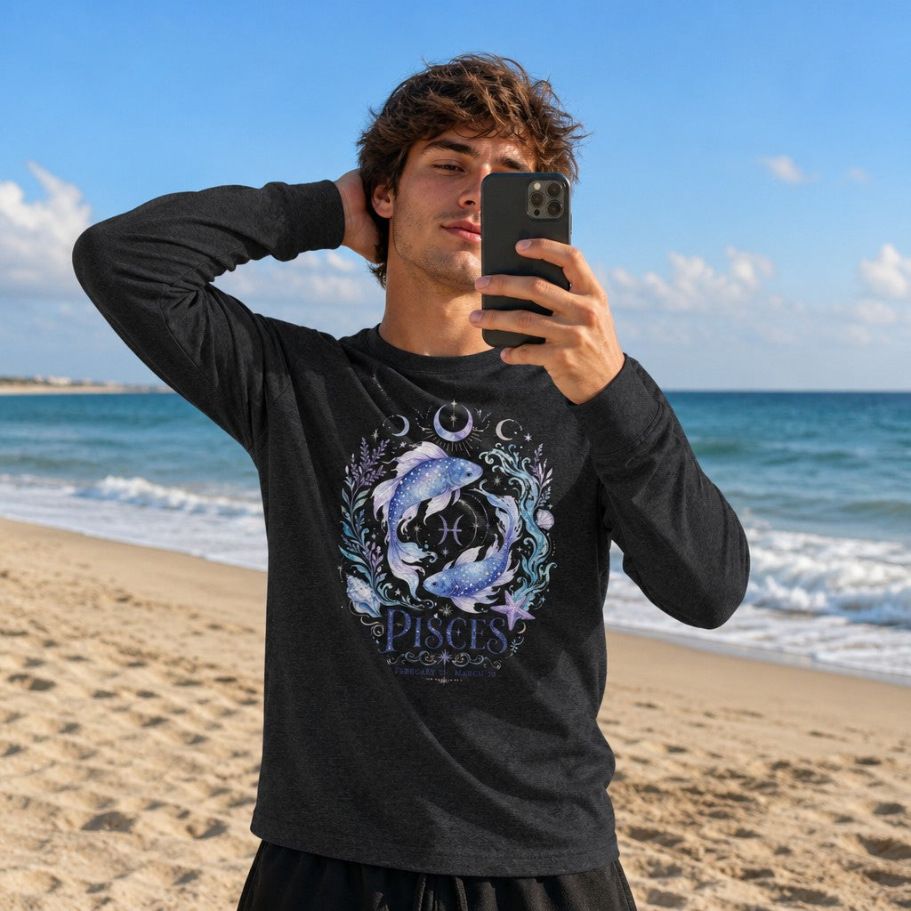Man wearing a dark grey heather Bella Canvas 3501 long sleeve shirt with a watercolor Pisces design featuring luminous koi fish, violet florals, celestial moons, and sea foliage, standing on a sunny beach, perfect for astrology lovers and gentle souls, by Crossroads Dandelion