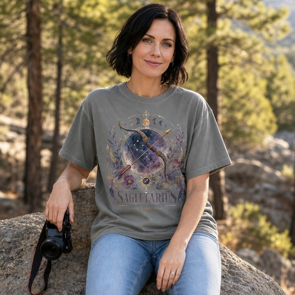 Woman in grey Comfort Colors 1717 t-shirt featuring a dreamy watercolor Sagittarius design with golden bow and arrow, galaxy stars, lunar phases, and lush purple florals, sitting on a rock in a pine forest, ideal for astrology and mystical lovers, by Crossroads Dandelion