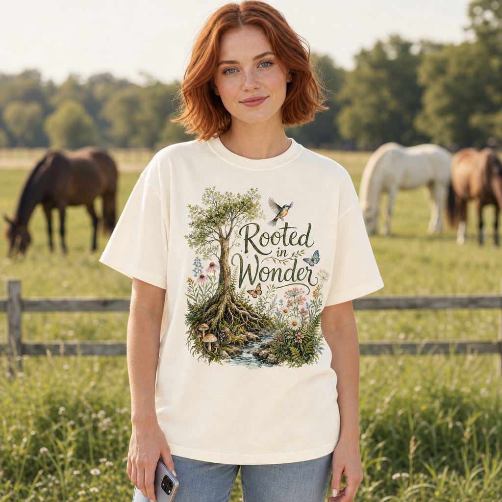 Woman wearing ivory Comfort Colors t-shirt featuring a whimsical watercolor illustration of a flourishing tree with roots, wildflowers, mushrooms, butterflies, and a bird, with the phrase 'Rooted in Wonder'; standing in a rural field with horses, nature-inspired apparel for eco-conscious outdoor enthusiasts and botanical art lovers, by Crossroads Dandelion