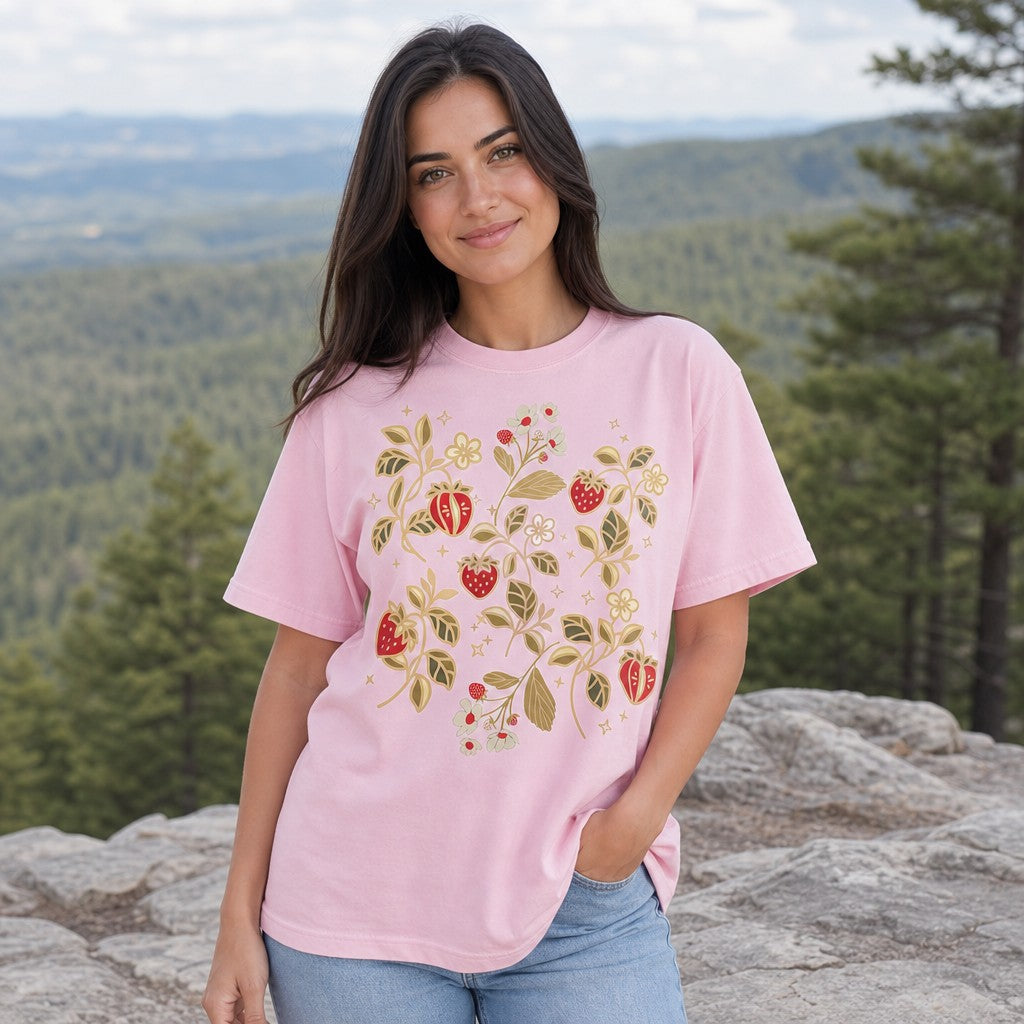 Woman wearing a blossom pink Comfort Colors 1717 t-shirt featuring a folk-art strawberry and flower print, standing on a rocky mountain overlook with forest views, by Crossroads Dandelion