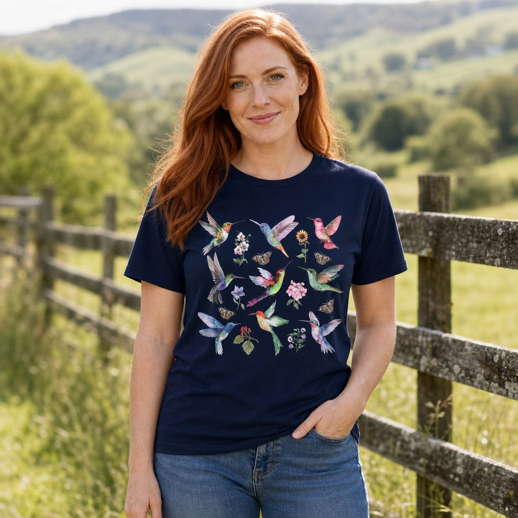 Woman wearing navy Bella Canvas 3001 t-shirt with watercolor hummingbirds, wildflowers, and butterflies design, standing outdoors by a fence in a lush green landscape, by Crossroads Dandelion