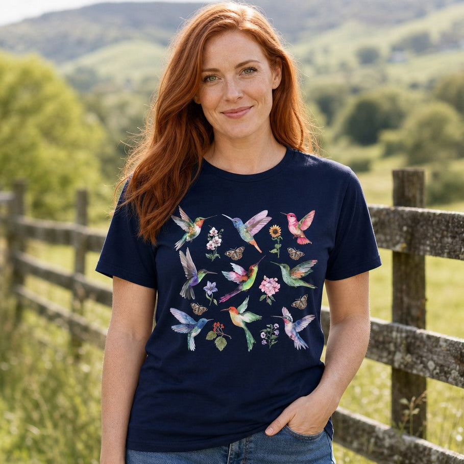 Woman wearing navy Bella Canvas 3001 t-shirt with watercolor hummingbirds, wildflowers, and butterflies design, standing outdoors by a fence in a lush green landscape, by Crossroads Dandelion