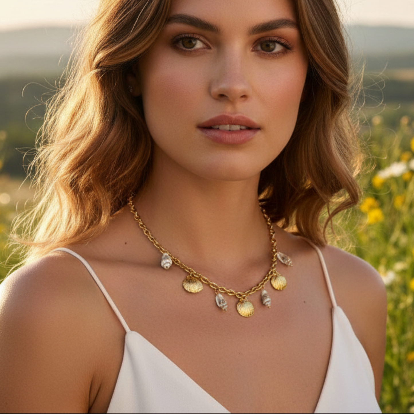 Woman wearing a gold necklace with a scenic background