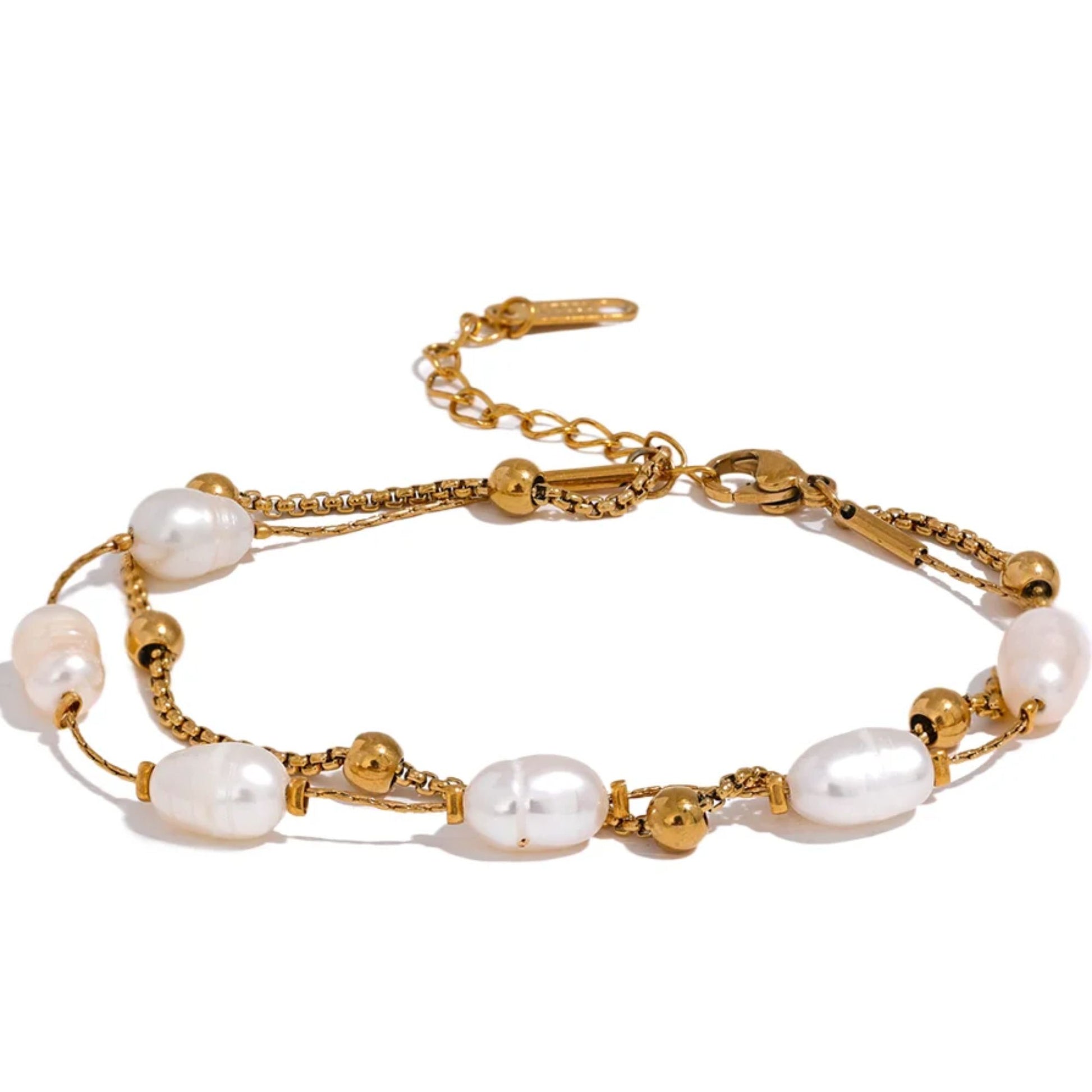 Double chain Gold plated bracelet with pearls on a white background by Crossroads Dandelion