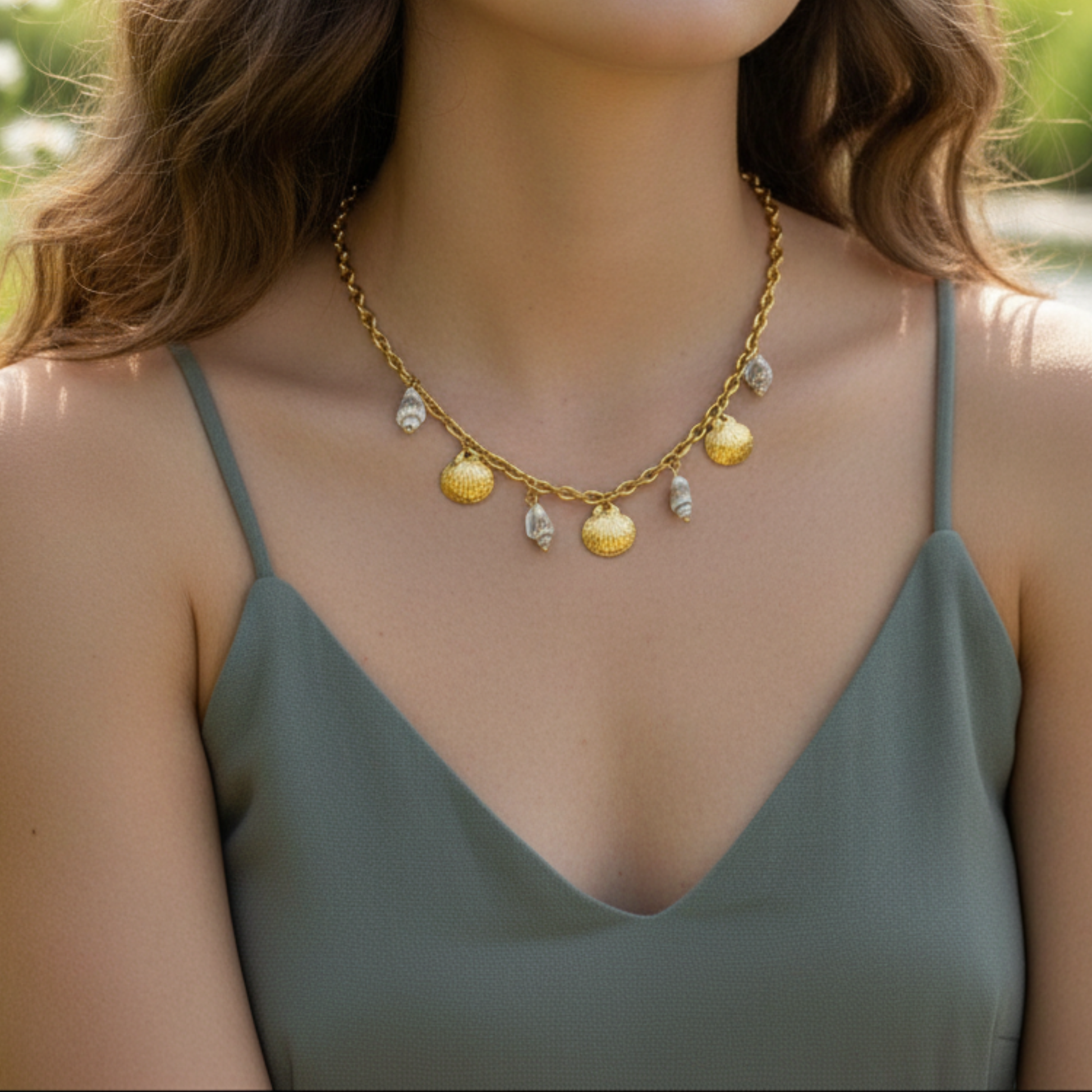 Gold necklace with pendant drops worn by a person in a green top.