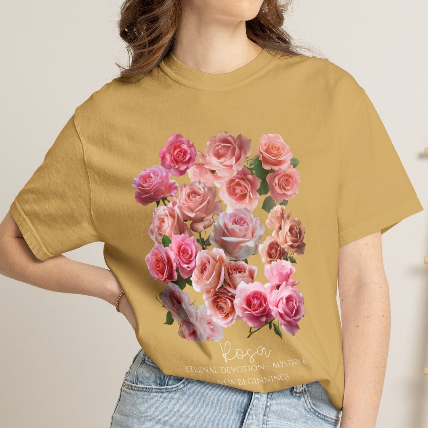 Woman wearing a  retro style mustard color  Rose eternal devotion June birth flower tee – Crossroads Dandelion

