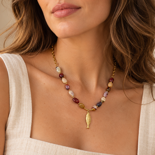 Gold Fish Pendant Necklace | Natural Stone & Stainless Steel