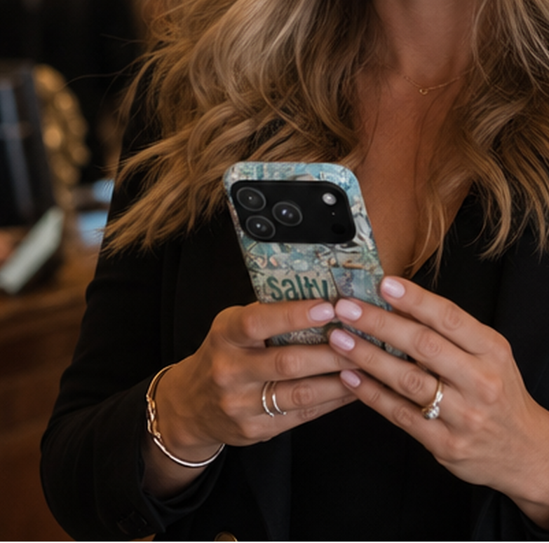 Beautiful American woman in her 30s with blonde hair wearing a stylish black blazer using a phone with a 'salty' design case in an upscale restaurant, by Crossroads Dandelion