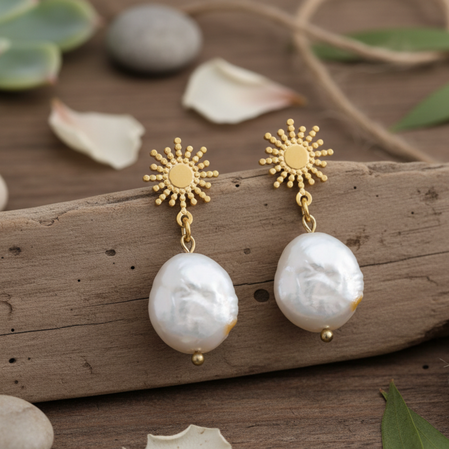 Gold sunburst baroque pearl earrings resting on textured rock with soft natural light and greenery, nby Crossroads Dandelion