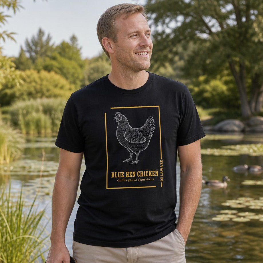 Man in black Bella Canvas 3001 t-shirt featuring a vintage-style line art illustration of the Blue Hen Chicken within a gold border and botanical text, cottagecore design perfect for birdwatchers, wildlife lovers, and heritage enthusiasts, lakeside outdoor setting, by Crossroads Dandelion