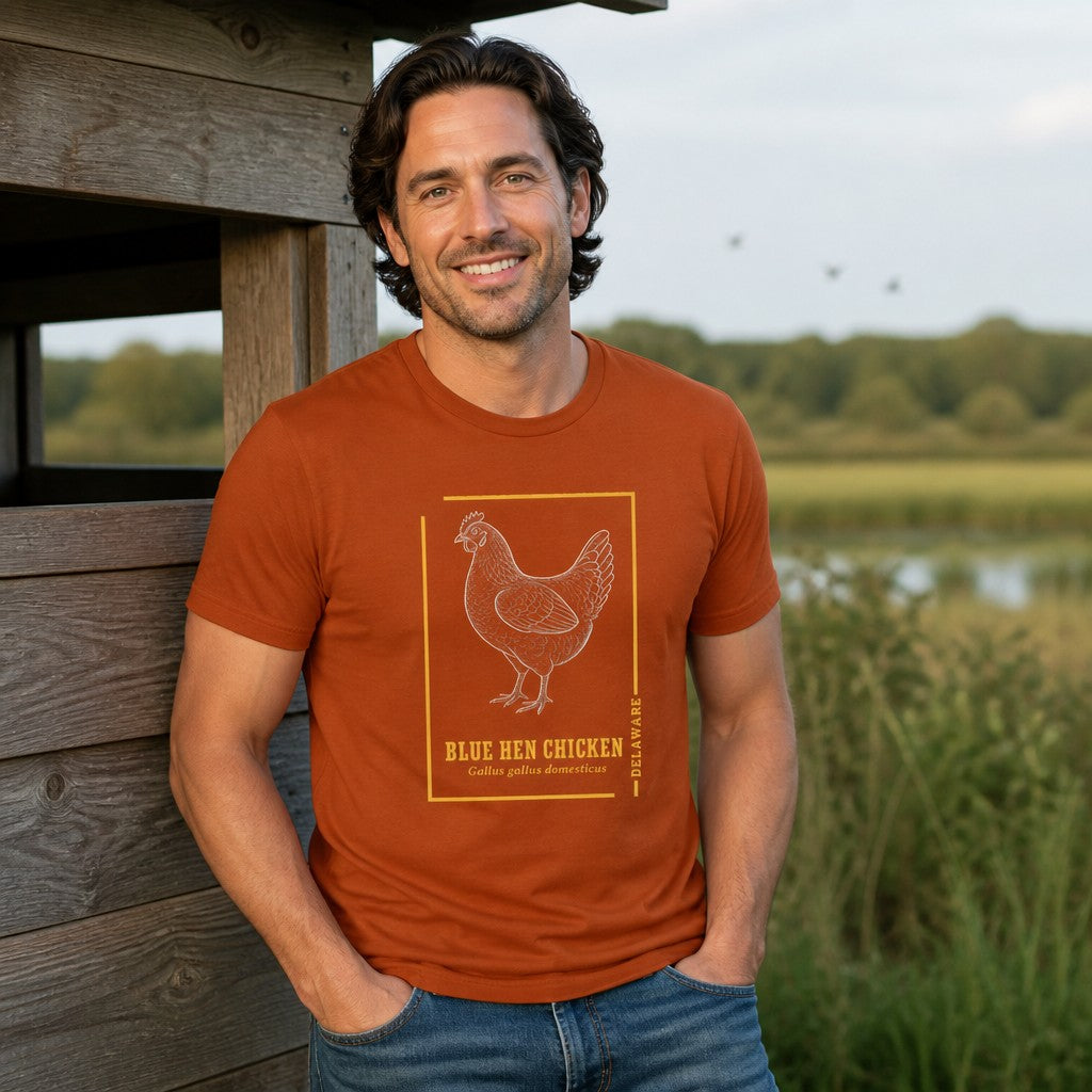 Man in autumn rust Bella Canvas 3001 t-shirt featuring a vintage-style linework illustration of the Blue Hen Chicken with gold botanical border and hand-lettered text, standing by a rustic wood structure in a rural field setting, heritage birdwatching design, cottagecore style, perfect for state pride and wildlife lovers, by Crossroads Dandelion