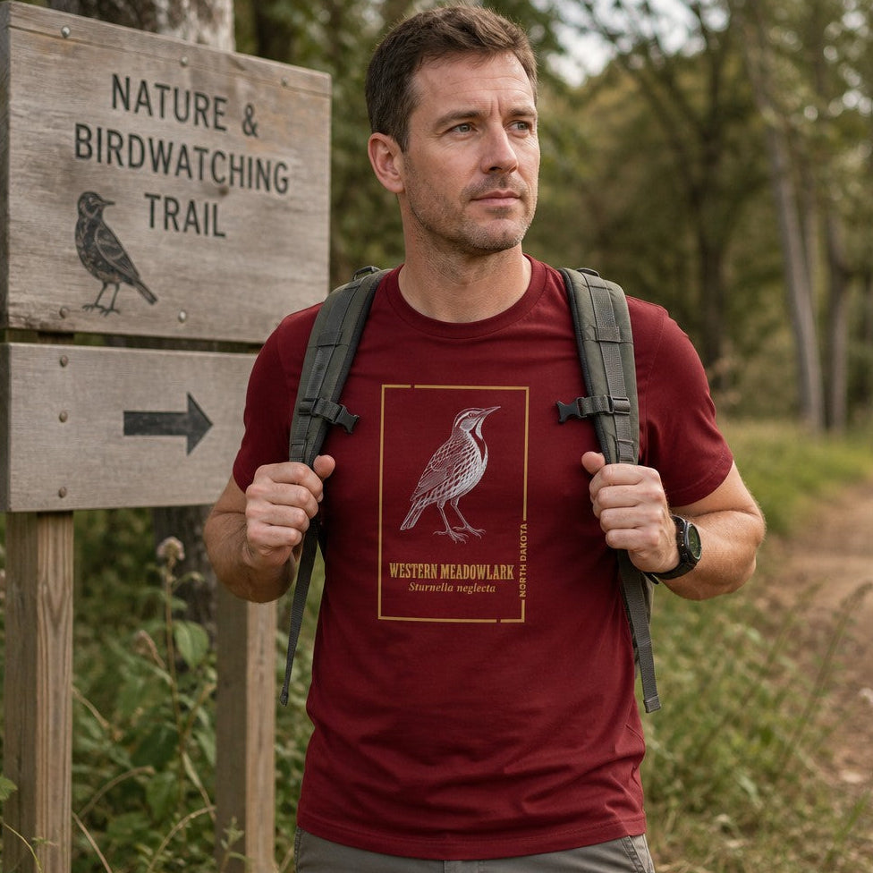 Man wearing cardinal red Bella Canvas 3001 t-shirt featuring vintage-inspired line art of a Western Meadowlark with gold accents and scientific labeling, hiking on a birdwatching trail, perfect for birdwatchers and nature lovers, by Crossroads Dandelion