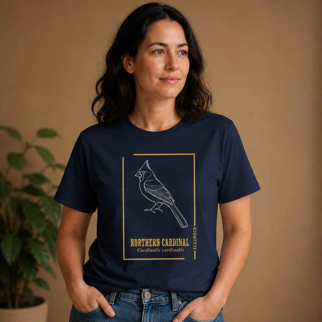 Woman in navy Bella Canvas 3001 t-shirt featuring a vintage white line art illustration of a northern cardinal with golden minimalist borders and botanical typography, indoor setting, ideal for birdwatchers, naturalists, and wildlife art lovers, by Crossroads Dandelion