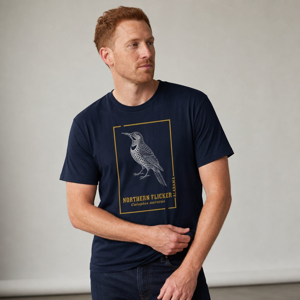 Man wearing navy Bella Canvas 3001 t-shirt with intricate vintage-inspired line art of a Northern Flicker woodpecker, botanical detailing, evoking classic field guides, ideal for birdwatchers and cottagecore nature lovers, indoor setting, by Crossroads Dandelion