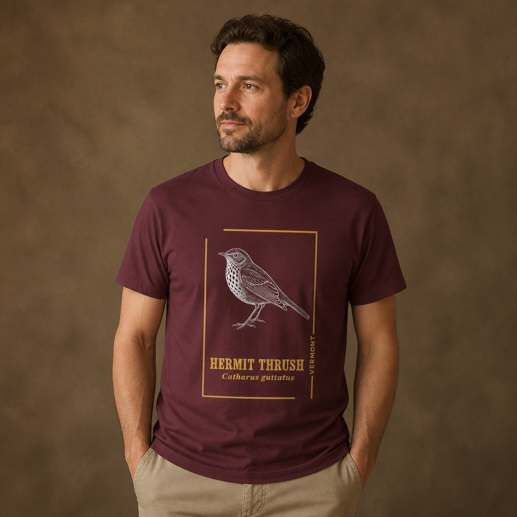 Man wearing a maroon Bella Canvas 3001 t-shirt featuring a vintage-style line art illustration of a hermit thrush with botanical details, minimalist folk-inspired birdwatching shirt, casual indoor scene, perfect for nature lovers and Vermont enthusiasts, by Crossroads Dandelion