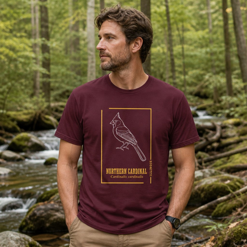 Man wearing a maroon Bella Canvas 3001 t-shirt with vintage white line art illustration of a northern cardinal, framed in minimalist golden borders and antique botanical typography, standing by a forest stream, ideal for birders, naturalists, and wildlife art lovers, by Crossroads Dandelion
