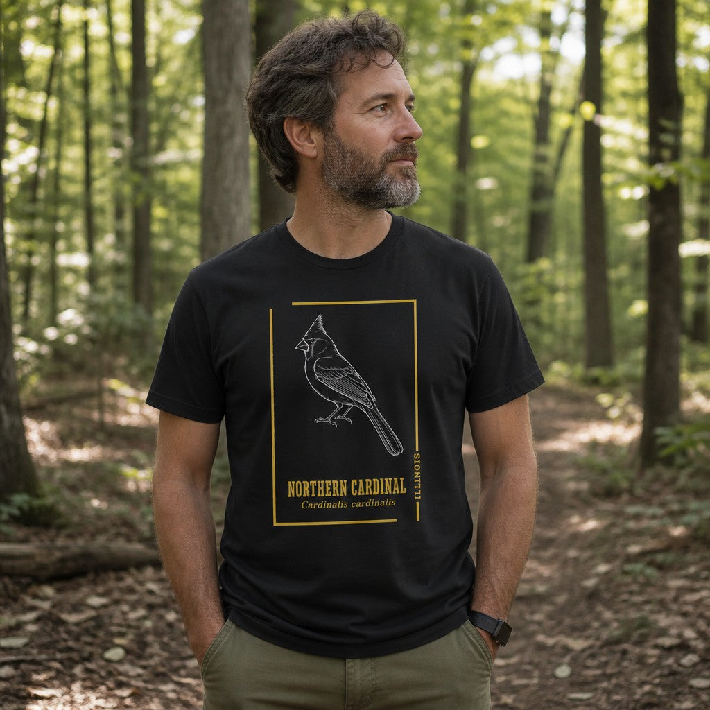 Man wearing a black Bella Canvas 3001 t-shirt with a vintage white line art northern cardinal illustration, minimalist golden frame, antique botanical typography, standing in a lush forest, perfect for birders, nature lovers, and fans of hand-drawn wildlife art, by Crossroads Dandelion