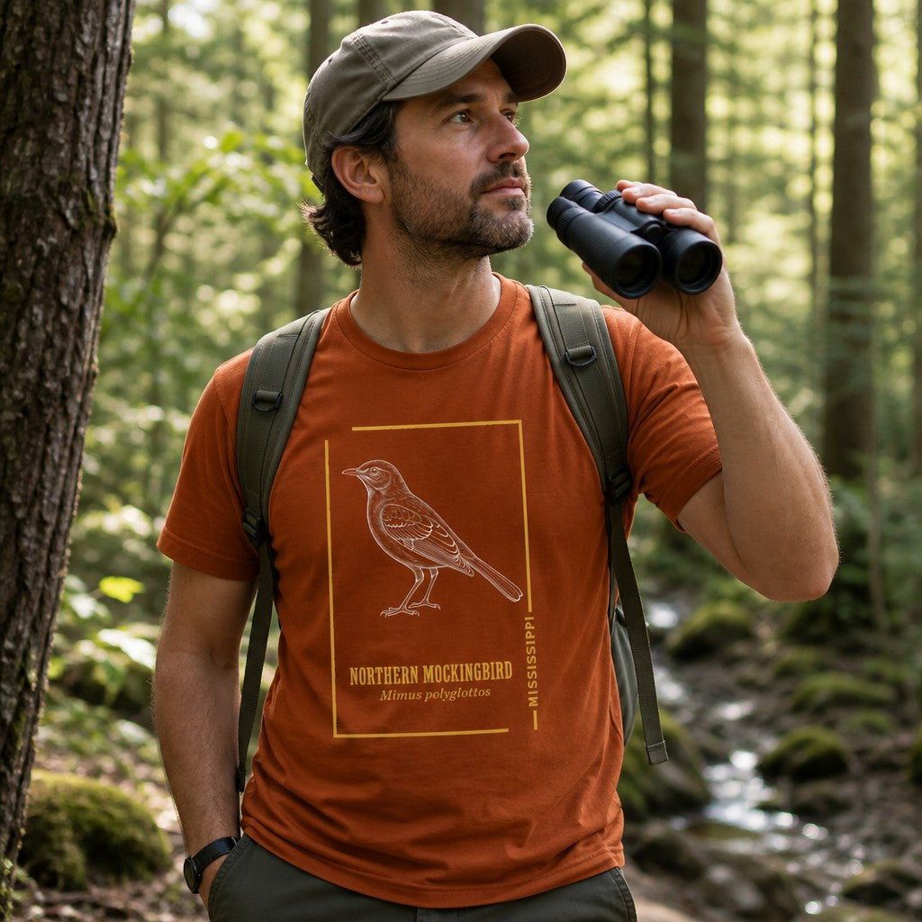 Man exploring a woodland trail in an autumn orange Bella Canvas 3001 t-shirt featuring a hand-sketched vintage Northern Mockingbird illustration with gold botanical accents, ideal for adventurous birdwatchers and nature lovers, by Crossroads Dandelion