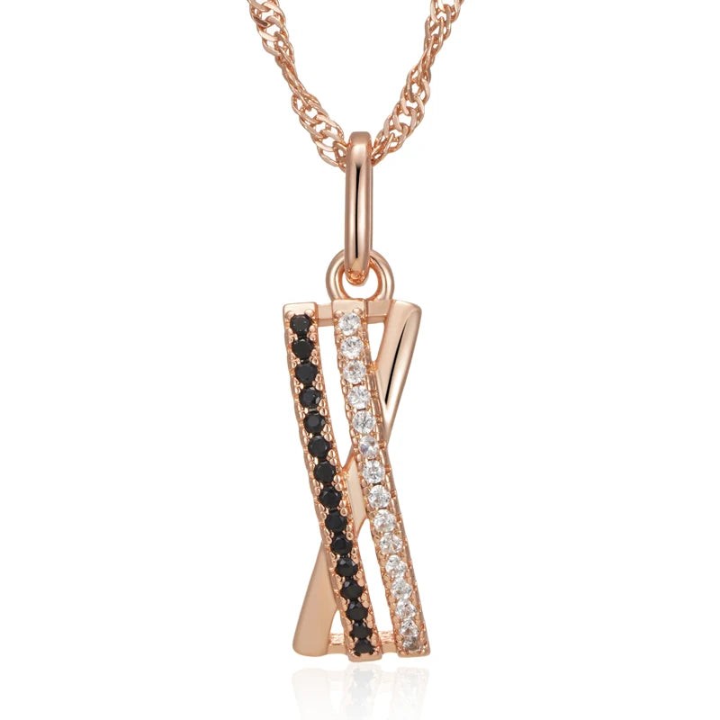 Rose gold criss-cross bar pendant with black and clear pavé stones on a twisted chain, front view