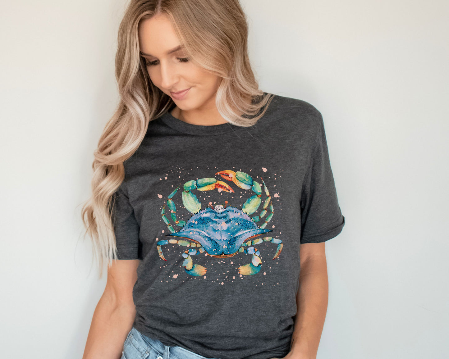 Dark grey heather ocean lover shirt featuring watercolor blue crab artwork
