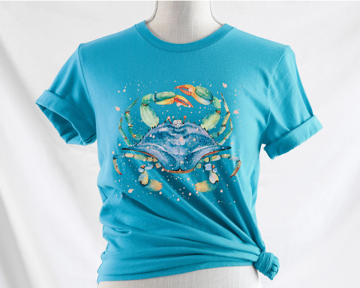 Turquoise ocean lover shirt featuring watercolor blue crab artwork