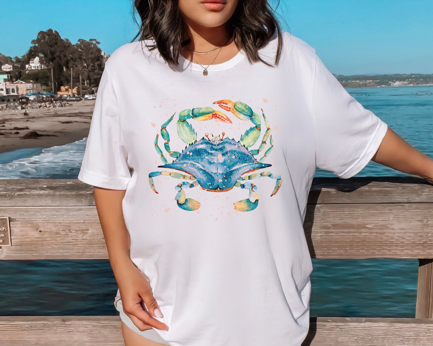 White blue crab watercolor t-shirt with coastal ocean design by CrossroadsDandelion