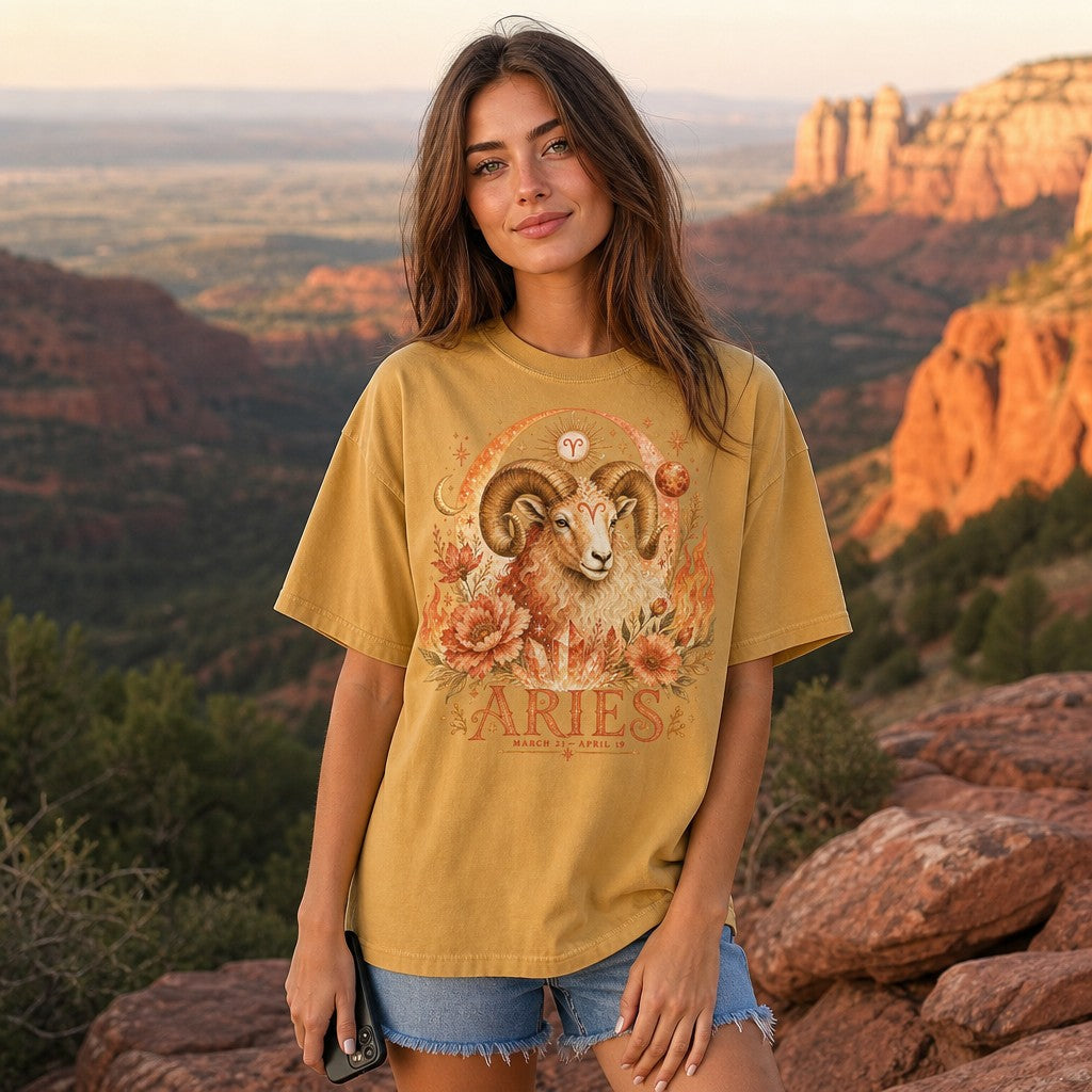 Woman wearing mustard Comfort Colors t-shirt with vivid boho Aries ram surrounded by fiery florals, cosmic moons, crystals, and stars, in a scenic red rock landscape, mystical astrology design for women, by Crossroads Dandelion