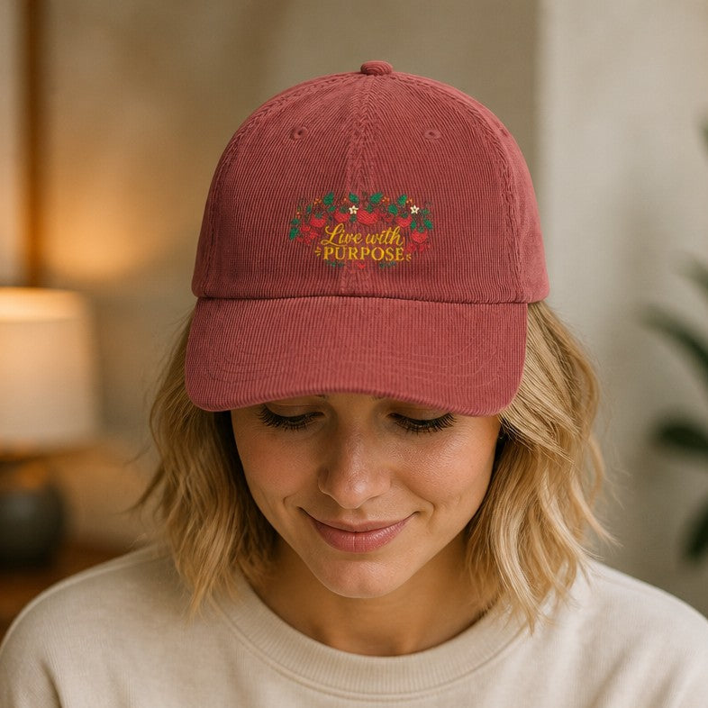 Woman wearing a burgundy boho baseball cap with embroidered 'Live with Purpose' floral design, cozy indoor home setting, ideal for women seeking inspirational and casual accessories, by Crossroads Dandelion