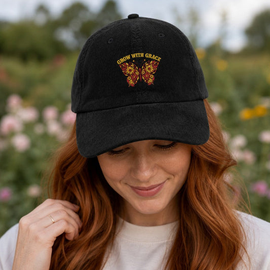 Woman with red hair wearing a black baseball cap featuring boho floral butterfly embroidery and 'Grow With Grace' text, modeled in a flower garden, ideal for women who love nature-inspired accessories, by Crossroads Dandelion