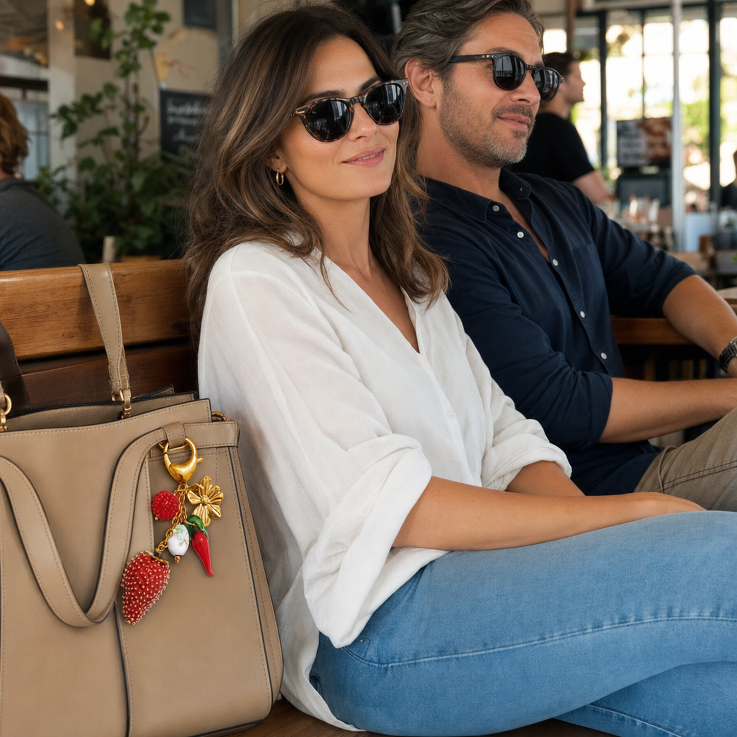 Stylish woman in her late 30s sitting at a cafe, tan tote bag featuring a colorful boho enamel fruit and flower charm keychain with gold hardware, modern lifestyle product for women, by Crossroads Dandelion