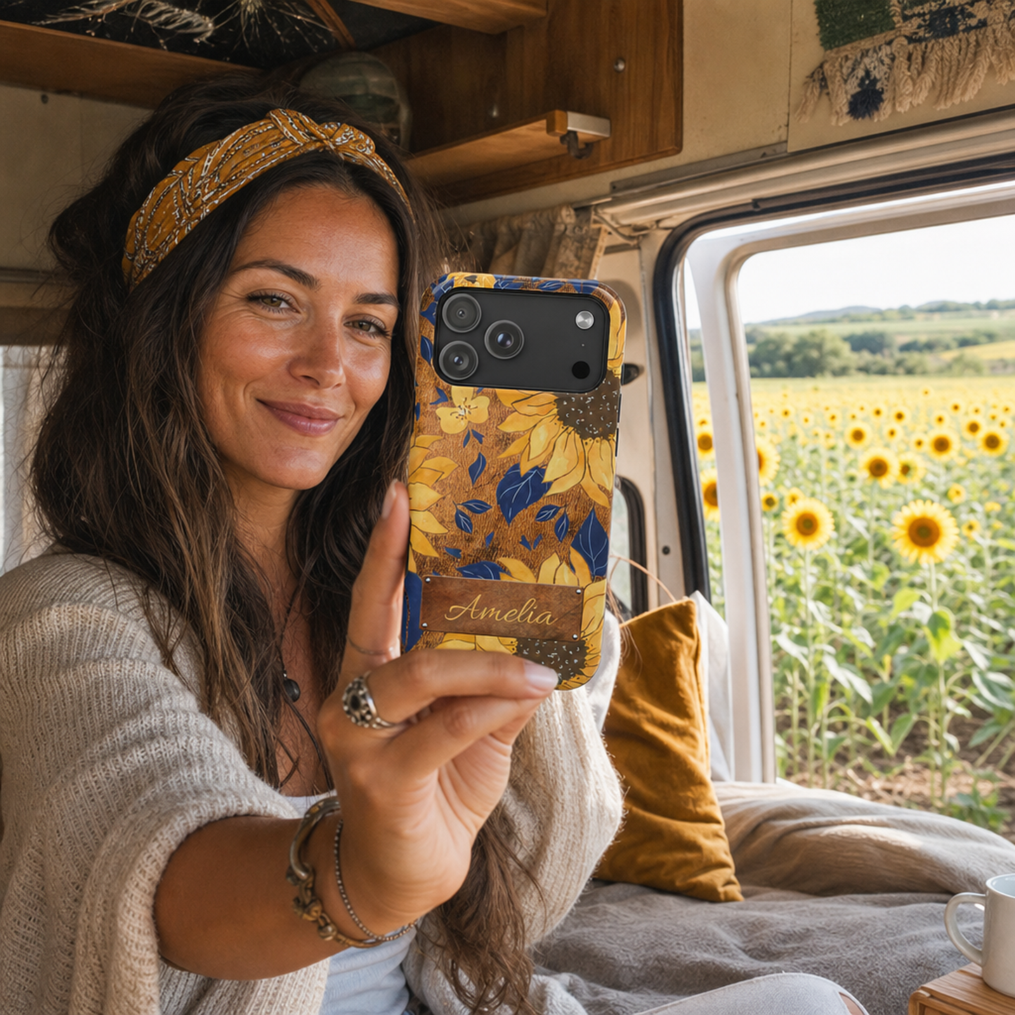 Woman traveler in a vintage camper van holding a personalized yellow sunflower iPhone 17 Pro Max boho floral phone case, surrounded by a sunflower field, perfect for adventure lovers and boho style enthusiasts, by Crossroads Dandelion