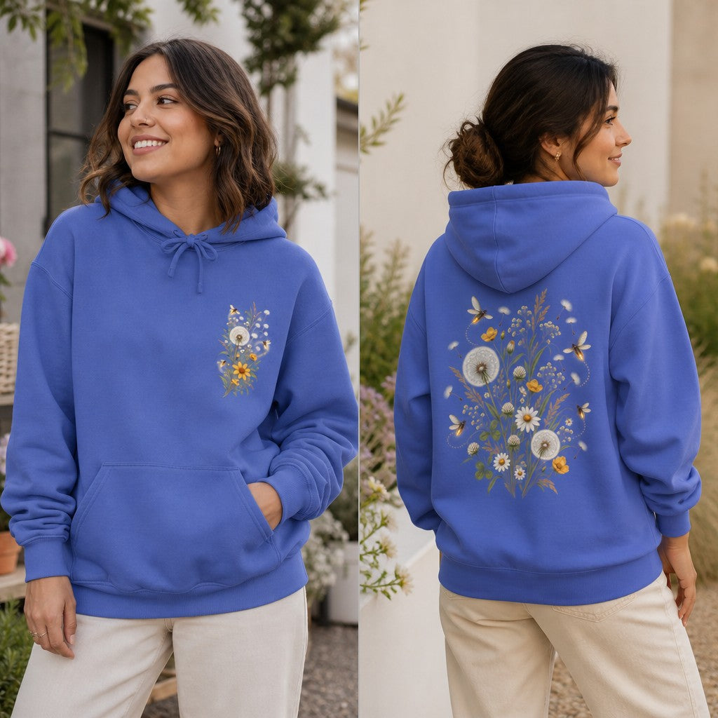 Woman wearing a flo blue sweatshirt with boho style dandelion, daisy, and wildflower embroidered design on the front and back, cozy garden scene, casual outdoor setting, for women who love nature-inspired apparel, by Crossroads Dandelion
