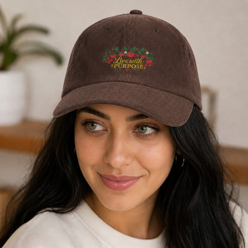 Woman wearing a dark brown baseball cap with a boho floral embroidery and 'Live with Purpose' inspirational quote design, cozy indoor setting, accessory for women, by Crossroads Dandelion