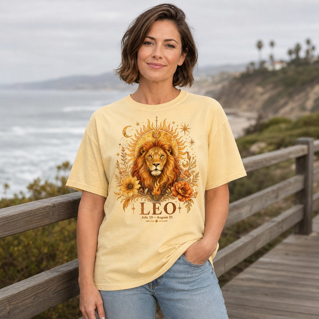 Woman wearing Comfort Colors 1717 t-shirt in butter with majestic boho Leo lion portrait, blazing sun, zodiac symbol, sunflowers, and peonies in warm gold watercolor, coastal boardwalk scene, designed for mystical astrology lovers, by Crossroads Dandelion