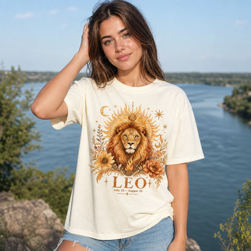 Woman in ivory Comfort Colors 1717 shirt featuring a boho watercolor design of a majestic lion with a sun crown, Leo zodiac symbol, sunflowers, cosmic stars, and mystical orange floral accents, lakeside nature scene, astrology lovers, by Crossroads Dandelion